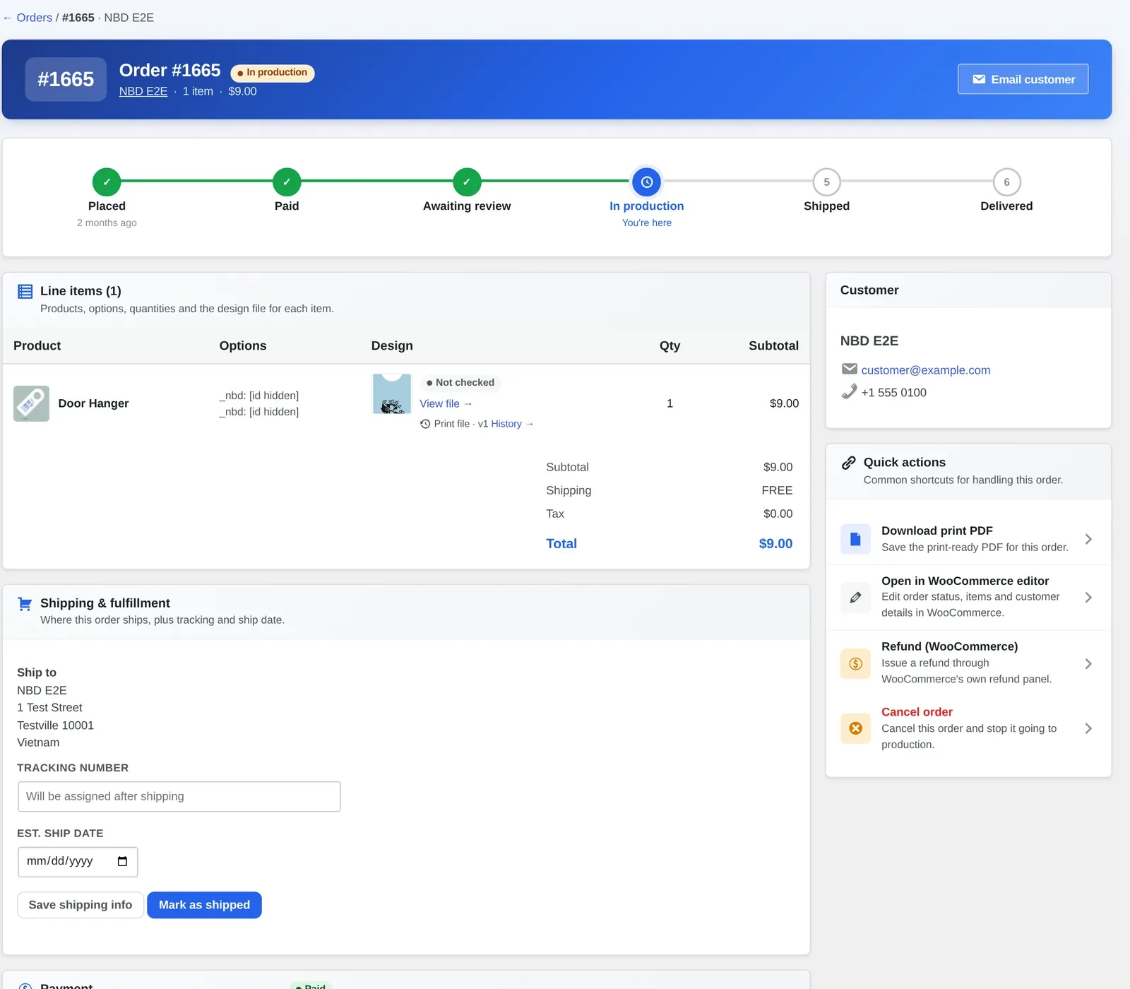WooCommerce order detail screen with status timeline, line item design file and a Download print PDF quick action