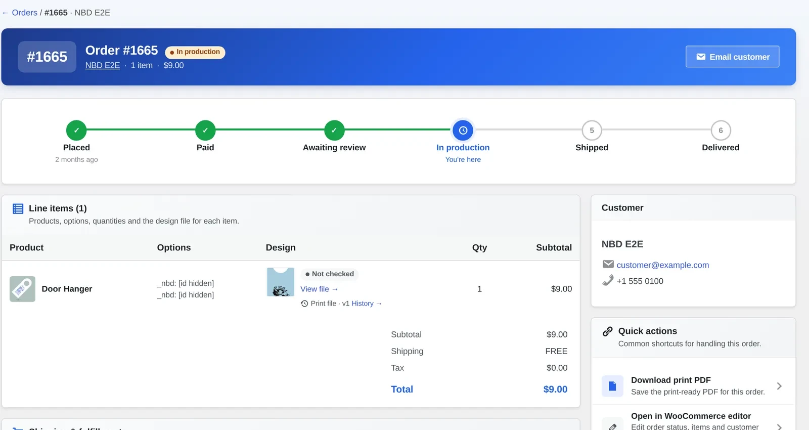 Order detail timeline showing an order moving from awaiting review to in production after artwork approval
