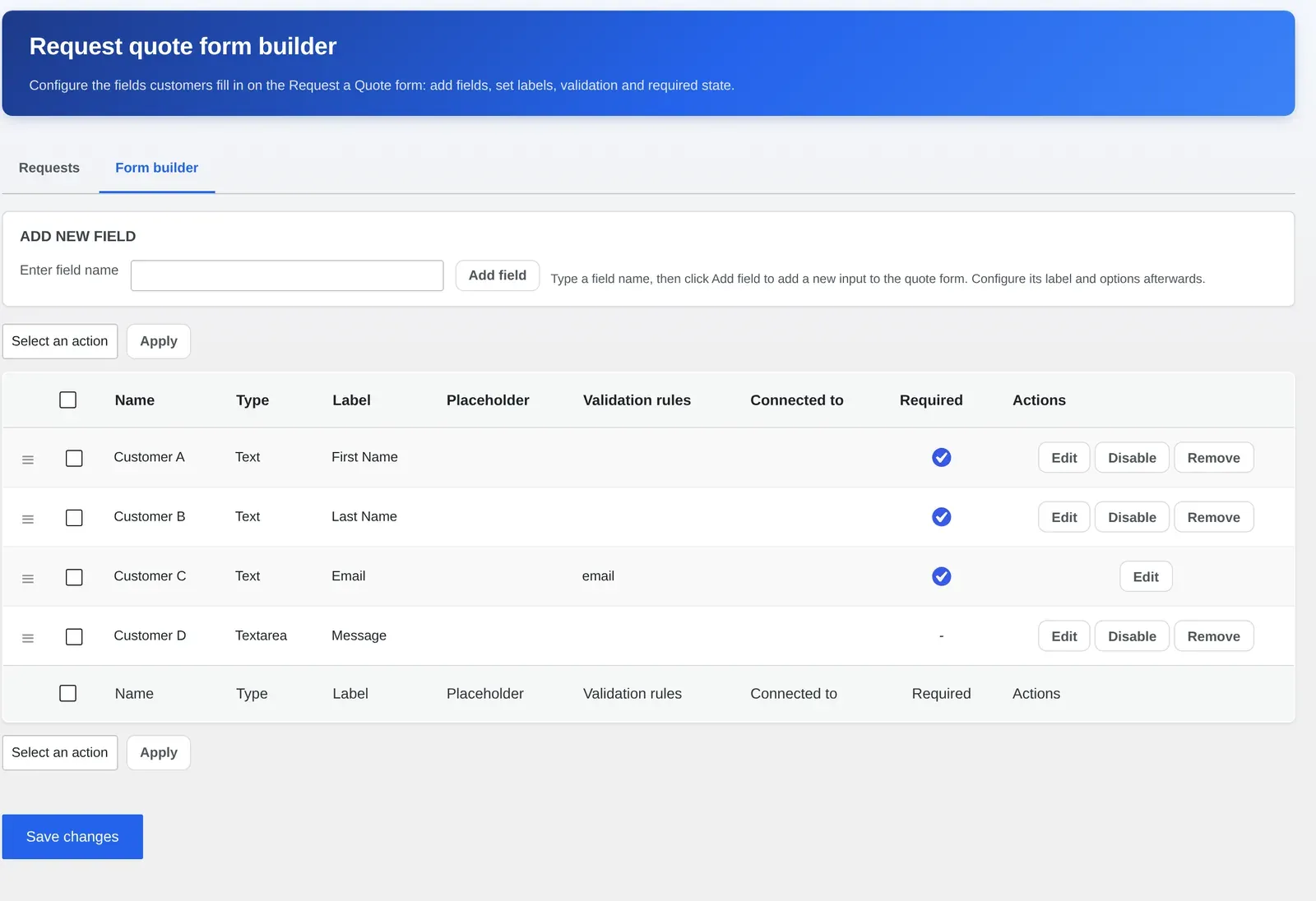 Cmsmart custom quote form print orders woocommerce builder with field name, type, label, placeholder, validation rules and required columns