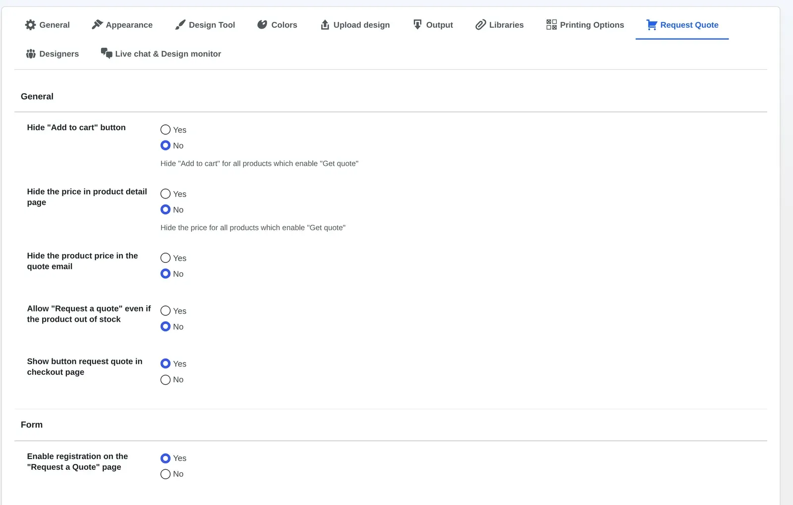 Cmsmart Settings Request Quote tab showing Hide Add to cart, hide price and show quote button at checkout options for WooCommerce quote-only products