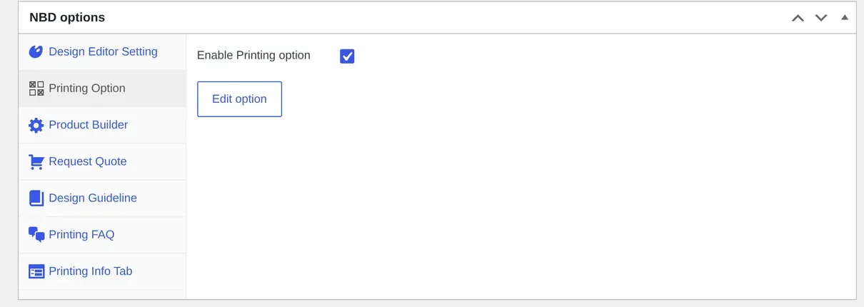 WooCommerce product edit screen NBD options box with the Request Quote tab listed next to Printing Option and Product Builder