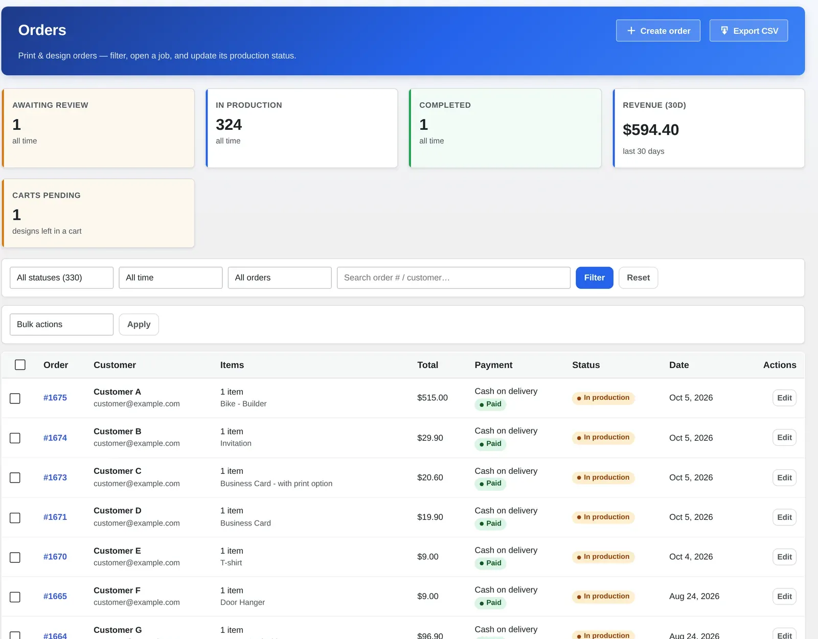 Cmsmart Orders dashboard in WooCommerce listing print and design orders with status, payment and total columns