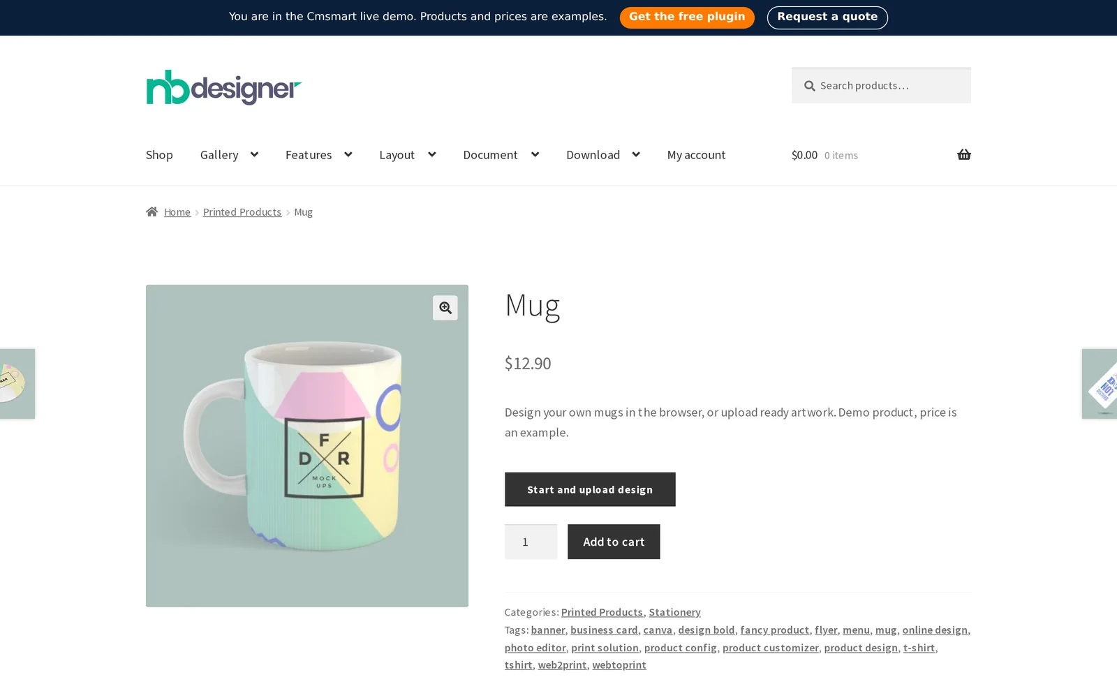 Cmsmart Product Designer product page for a photo mug with the Start and upload design button