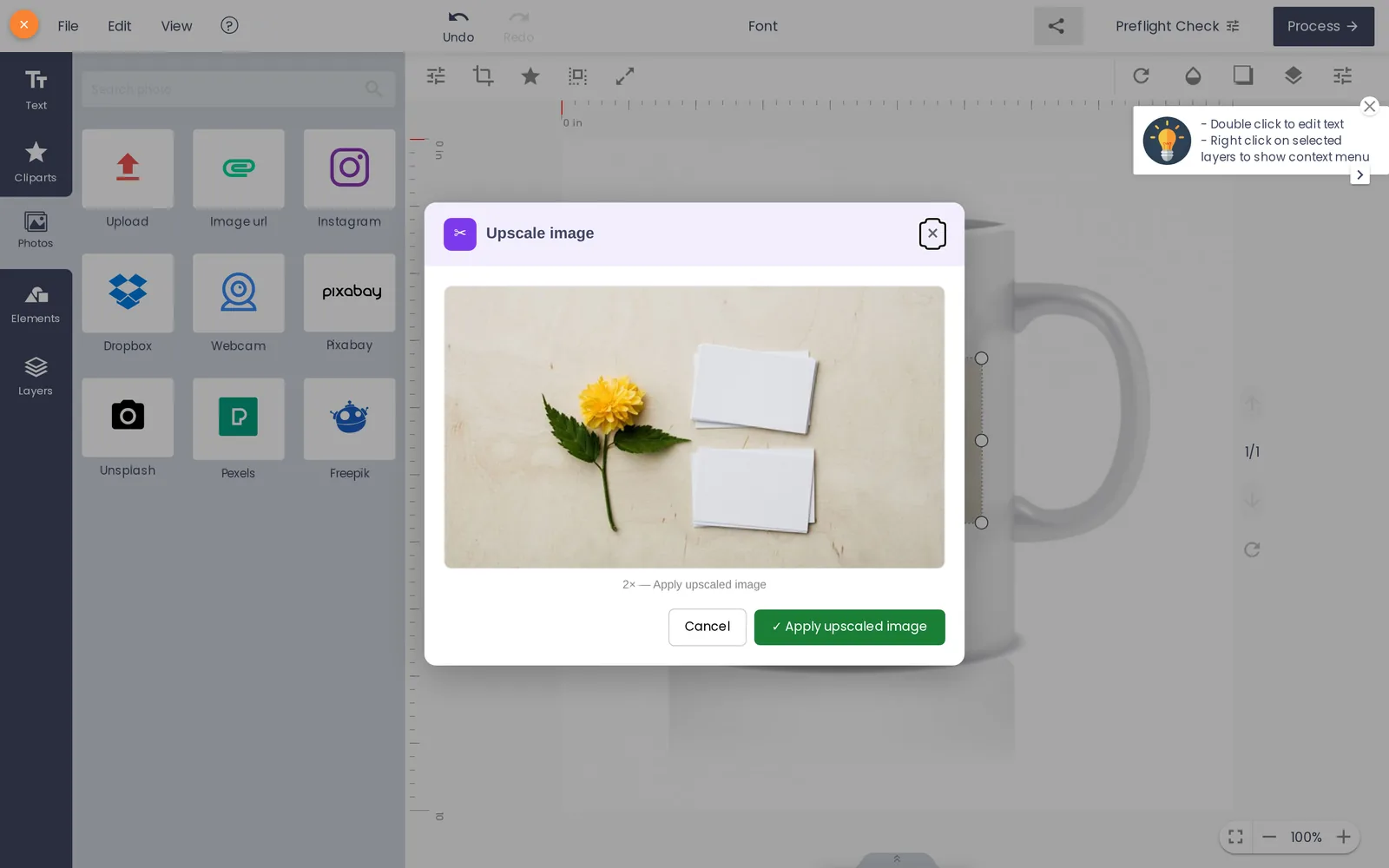 AI Image Upscale before-and-after preview with Apply upscaled image button