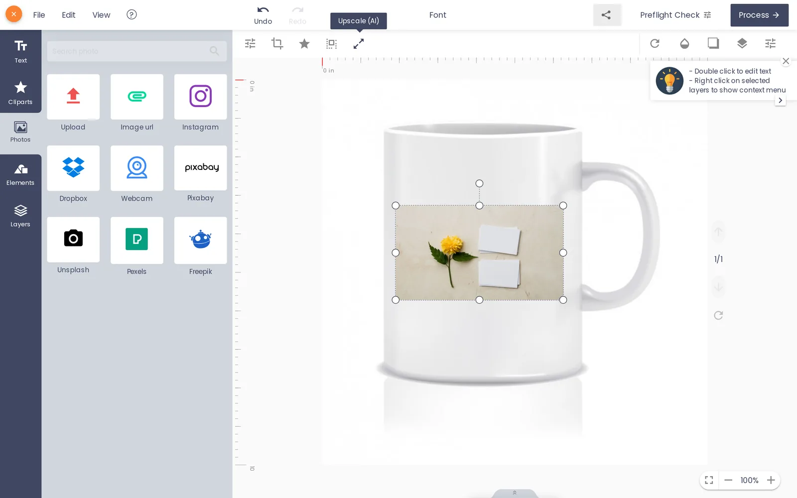 Upscaled photo applied to the mug design on the Cmsmart Product Designer canvas