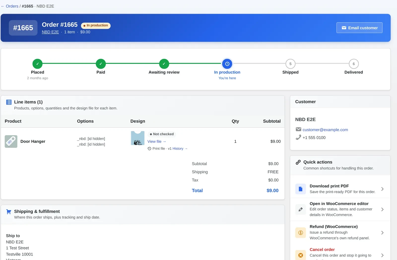 WooCommerce order detail in Cmsmart Product Designer 2.18.0 showing a design status chip of Not checked on the line item