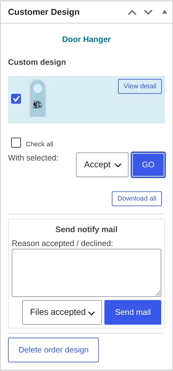 Customer Design approval box in Cmsmart Product Designer 2.18.0 with Accept/Decline dropdown and Send notify mail