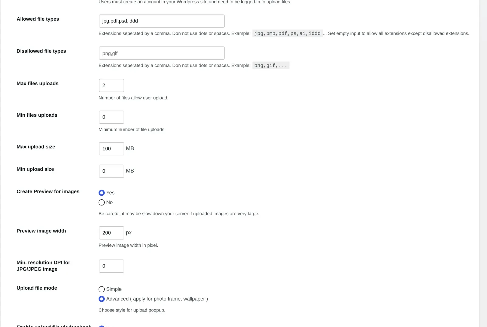 Allowed file types and Min. resolution DPI for JPG/JPEG image fields in Cmsmart Product Designer 2.18.0 Upload design settings