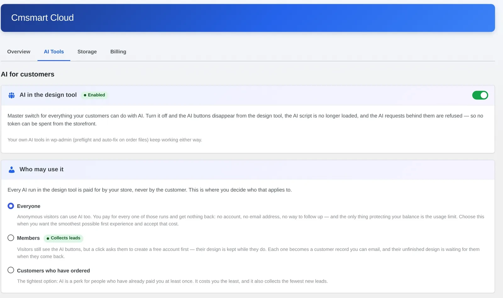 AI credits WooCommerce plugin: Cmsmart Cloud AI Tools master switch and audience setting