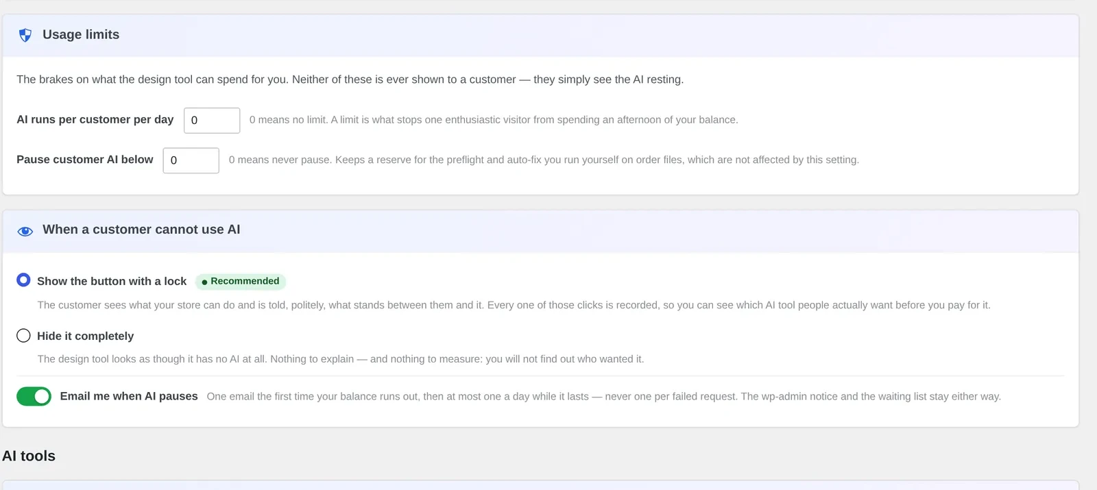 Cmsmart Cloud AI Tools usage limits and lock icon setting for blocked customers