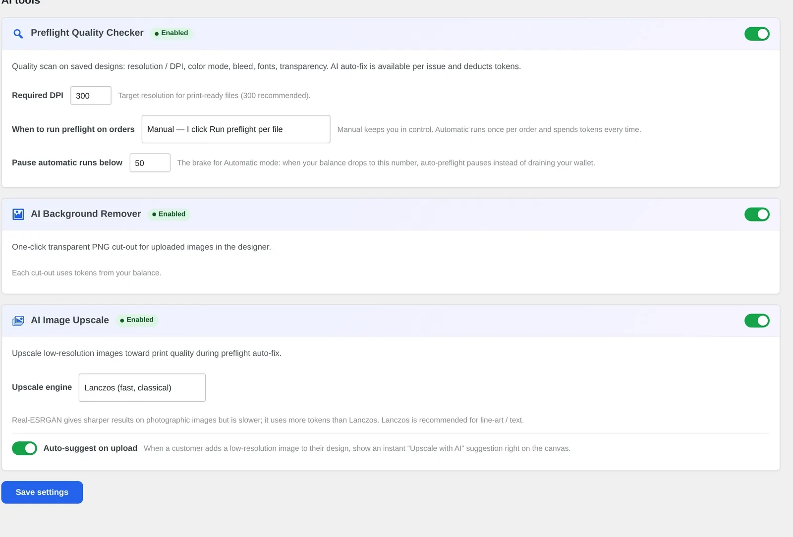 Cmsmart Cloud AI Tools list: Preflight Quality Checker, AI Background Remover and AI Image Upscale toggles
