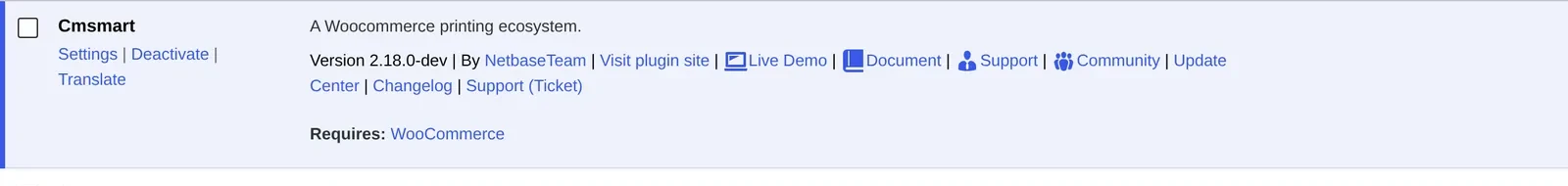 Cmsmart Product Designer active plugin row showing version 2.18.0-dev in WP Admin Plugins