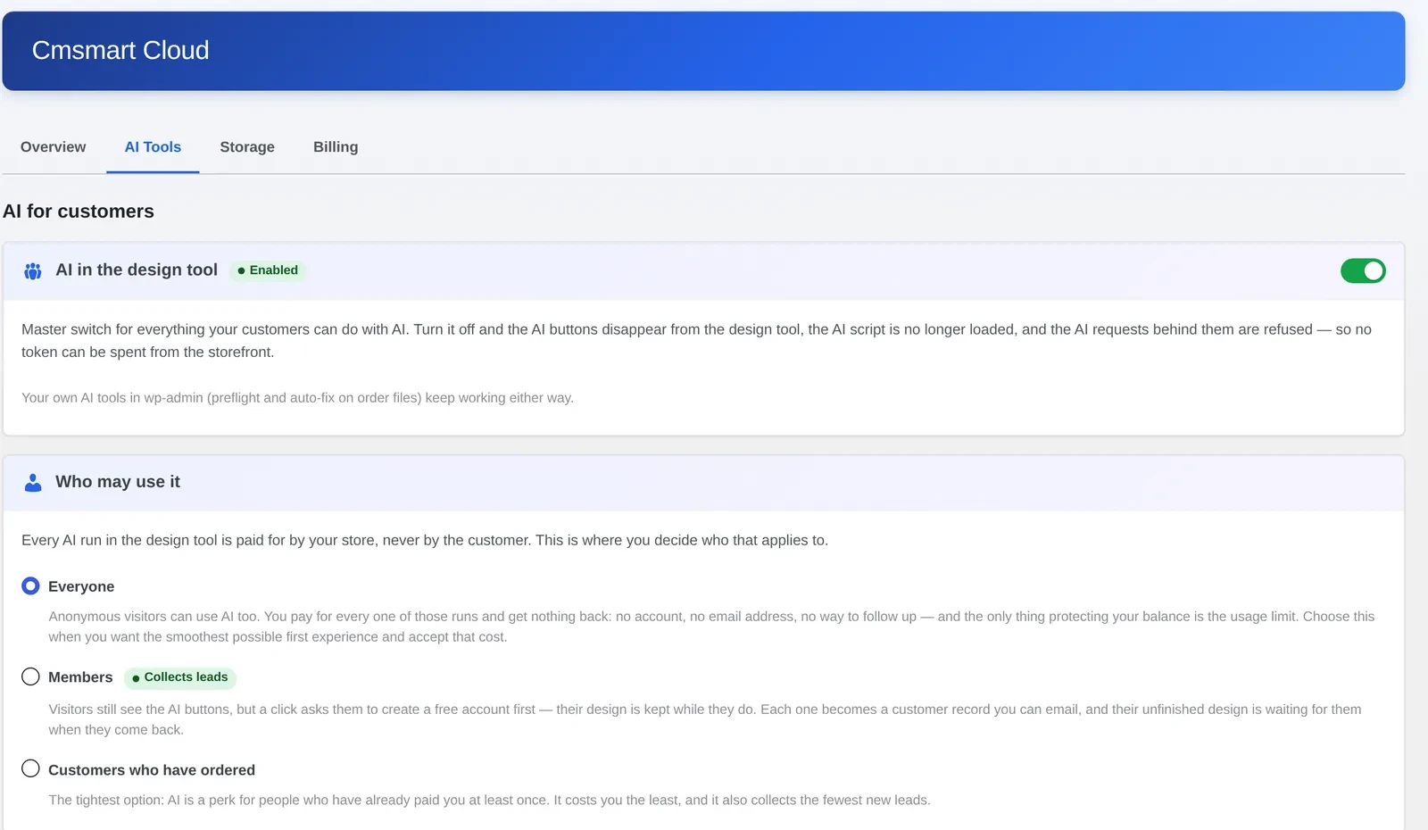 Settings to control AI usage WooCommerce stores pay for: Cmsmart Product Designer 2.17.0 master switch and Who may use it audience options (Everyone, Members, Customers who have ordered)