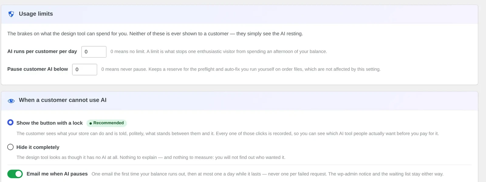 Cmsmart Product Designer AI Tools settings: usage limits (runs per customer per day, pause below balance) and what a customer sees when AI is unavailable