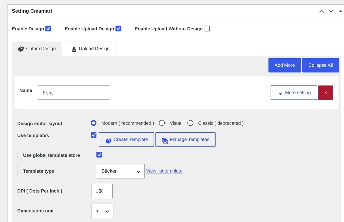 Setting Cmsmart box on a WooCommerce product with Enable Design, Enable Upload Design and Enable Upload Without Design checkboxes