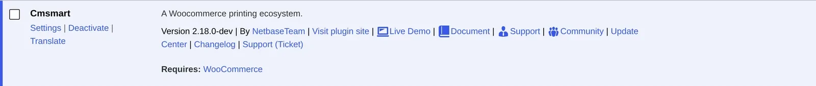 Cmsmart Product Designer plugin row in WP Admin showing version 2.18.0-dev