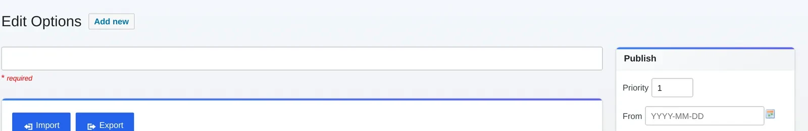 Import and Export buttons at the top of the Cmsmart printing option editor, above the printing fields