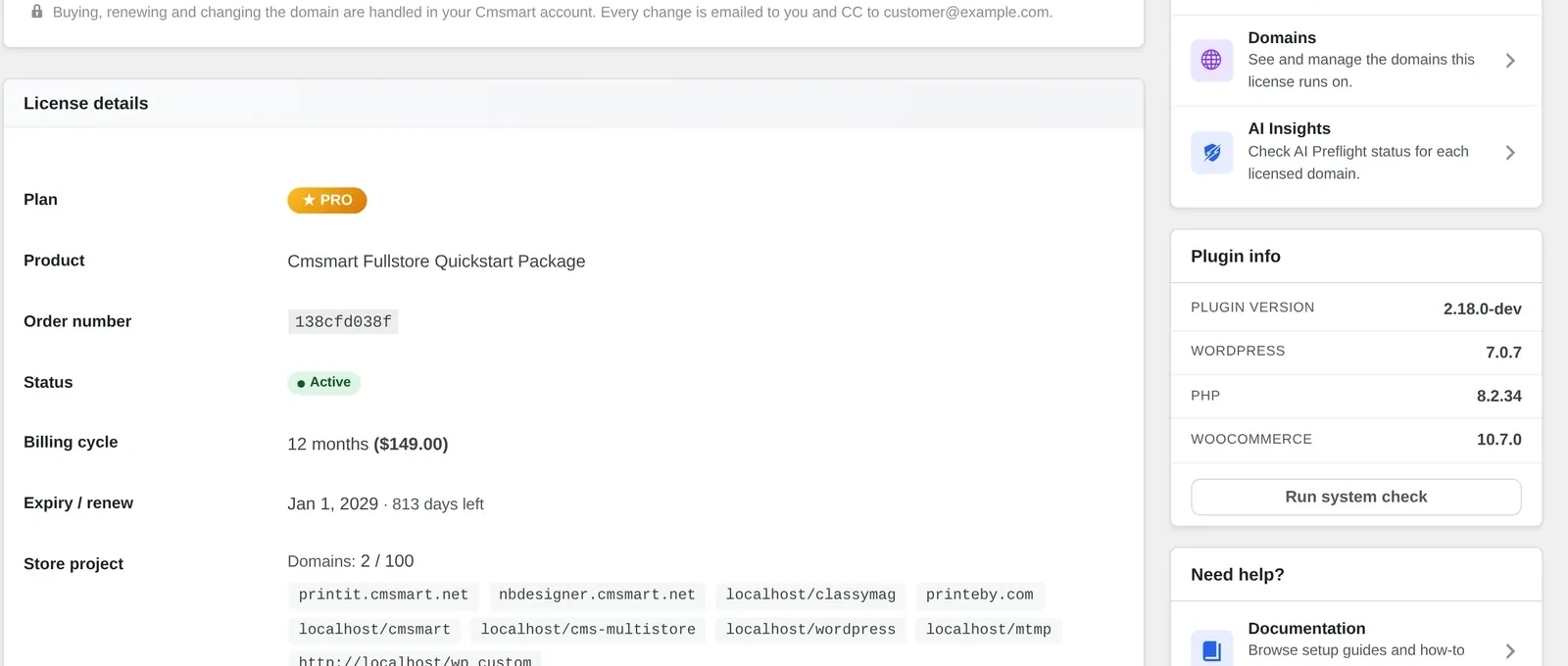 Cmsmart License and activation page showing a Pro plan running on several store domains