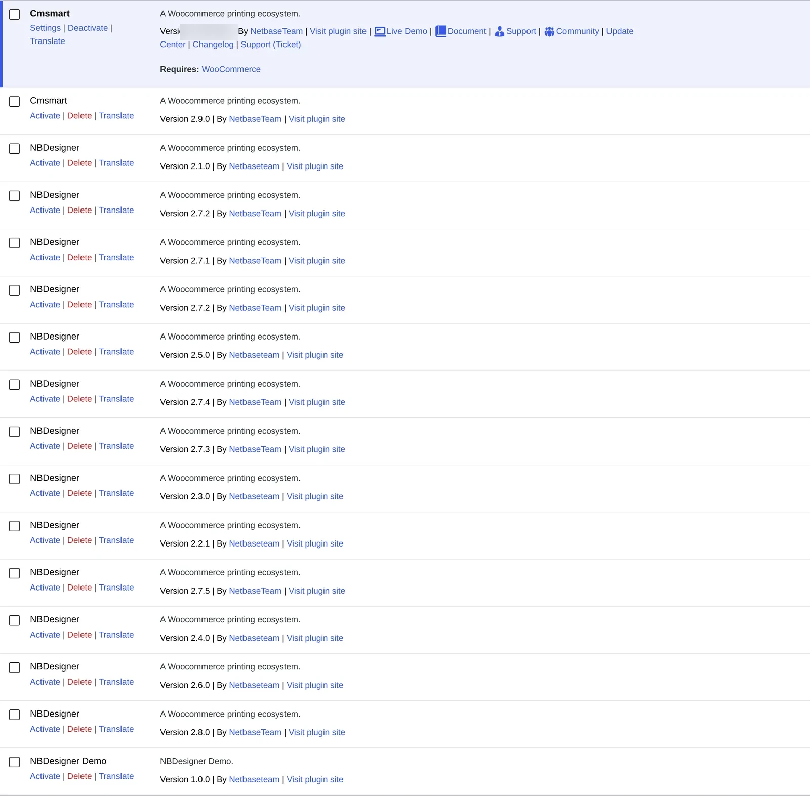 Confirming Cmsmart Product Designer is active on the WordPress Plugins screen before opening the dashboard