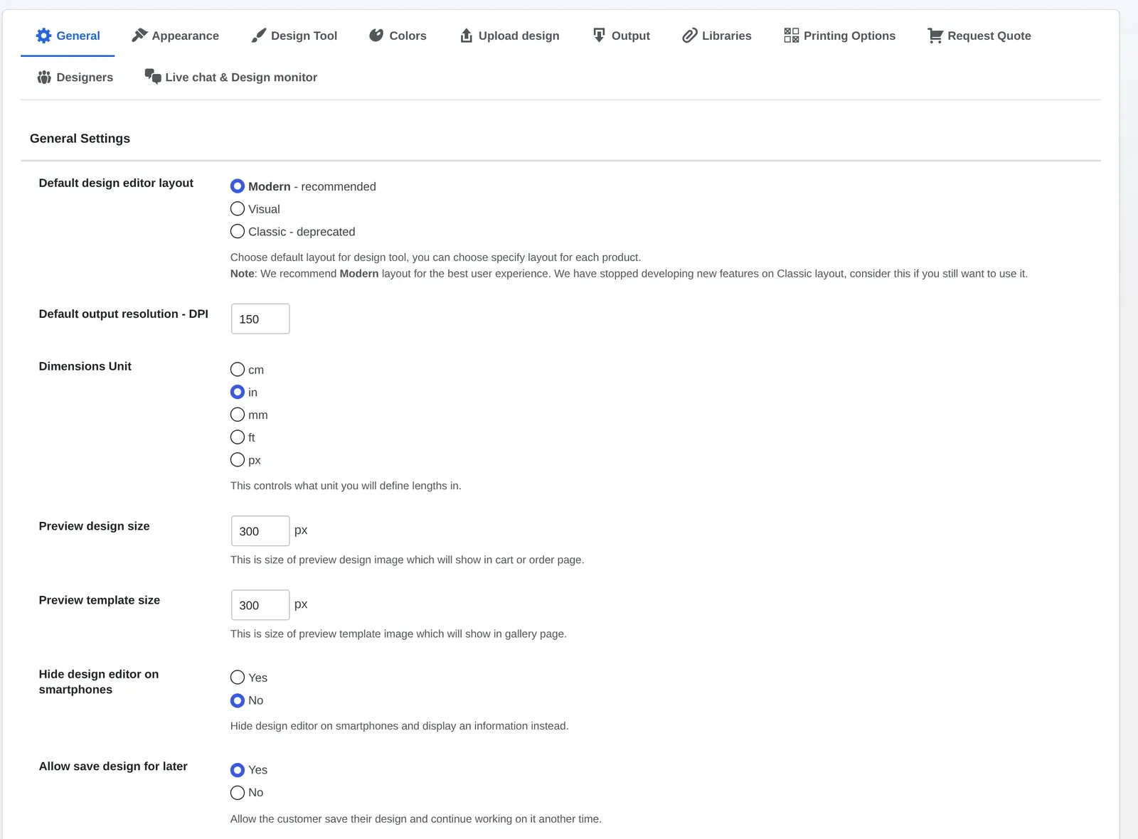 WooCommerce Product Designer general settings screen showing default design editor layout, output DPI and dimensions unit fields