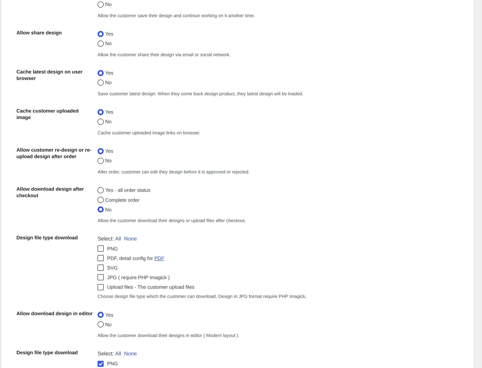 Cmsmart Product Designer settings controlling which design file types customers can download after checkout