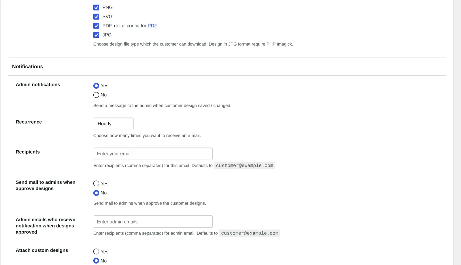 Cmsmart Product Designer Notifications settings showing admin notification recipients and approval email options