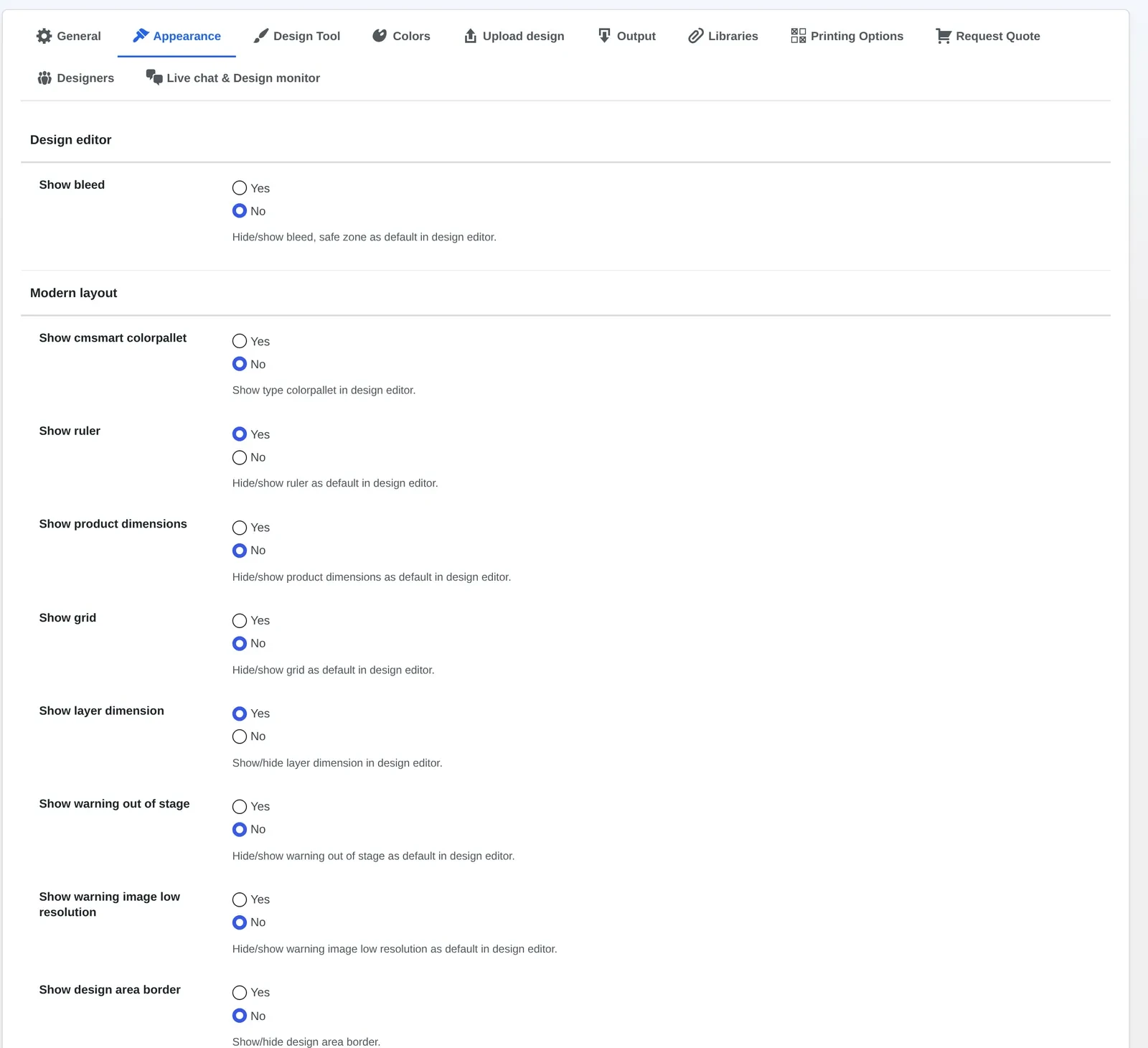 Product designer appearance settings WooCommerce admins see in Cmsmart Settings Appearance: Design editor and top of Modern layout toggles