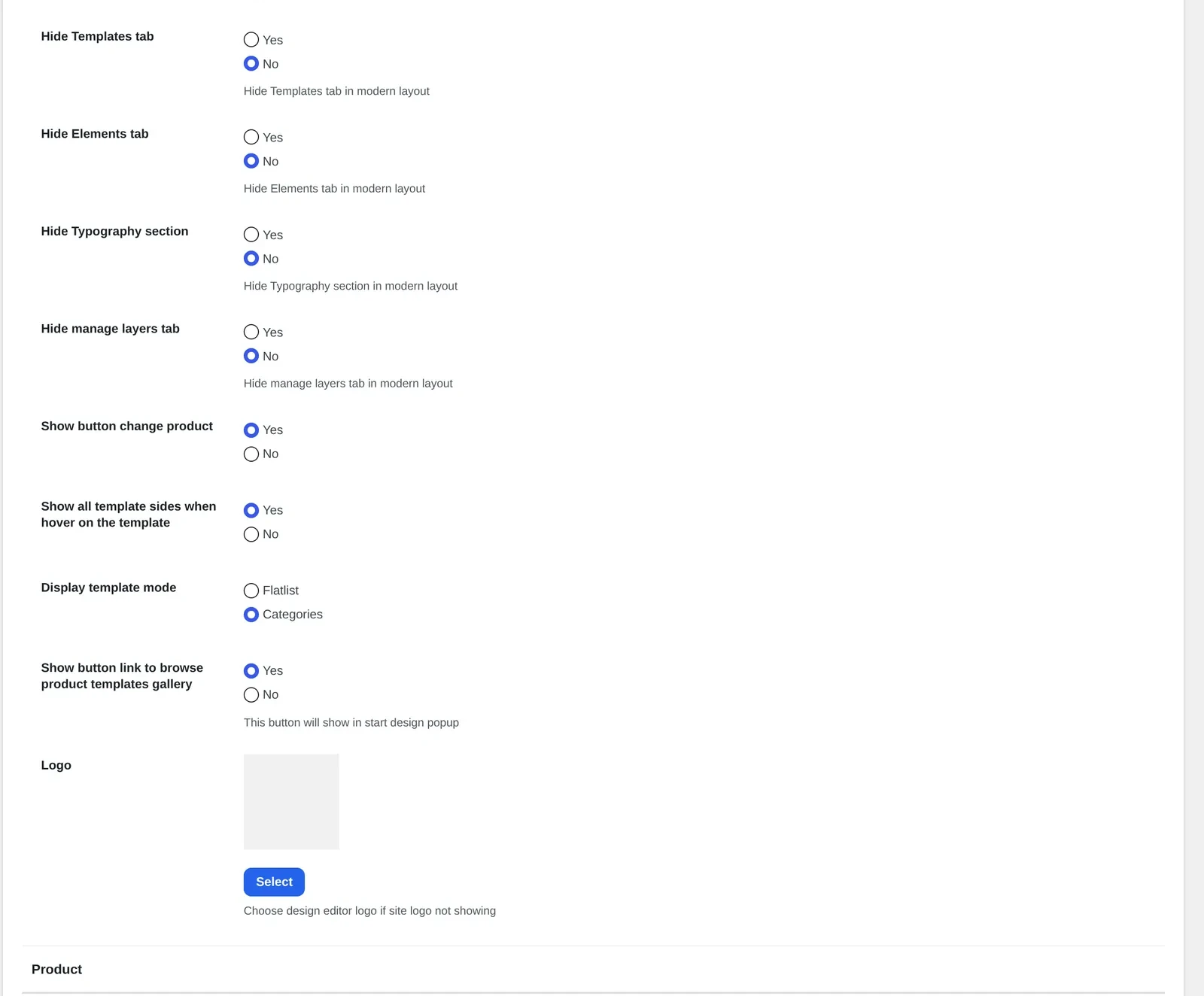 Modern layout toggles for hiding Templates, Elements, Typography and Layers tabs, plus the editor logo upload