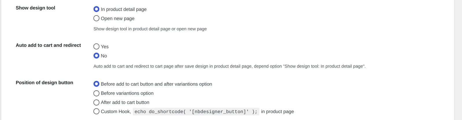 Product group settings: show design tool, auto add to cart and redirect, position of design button