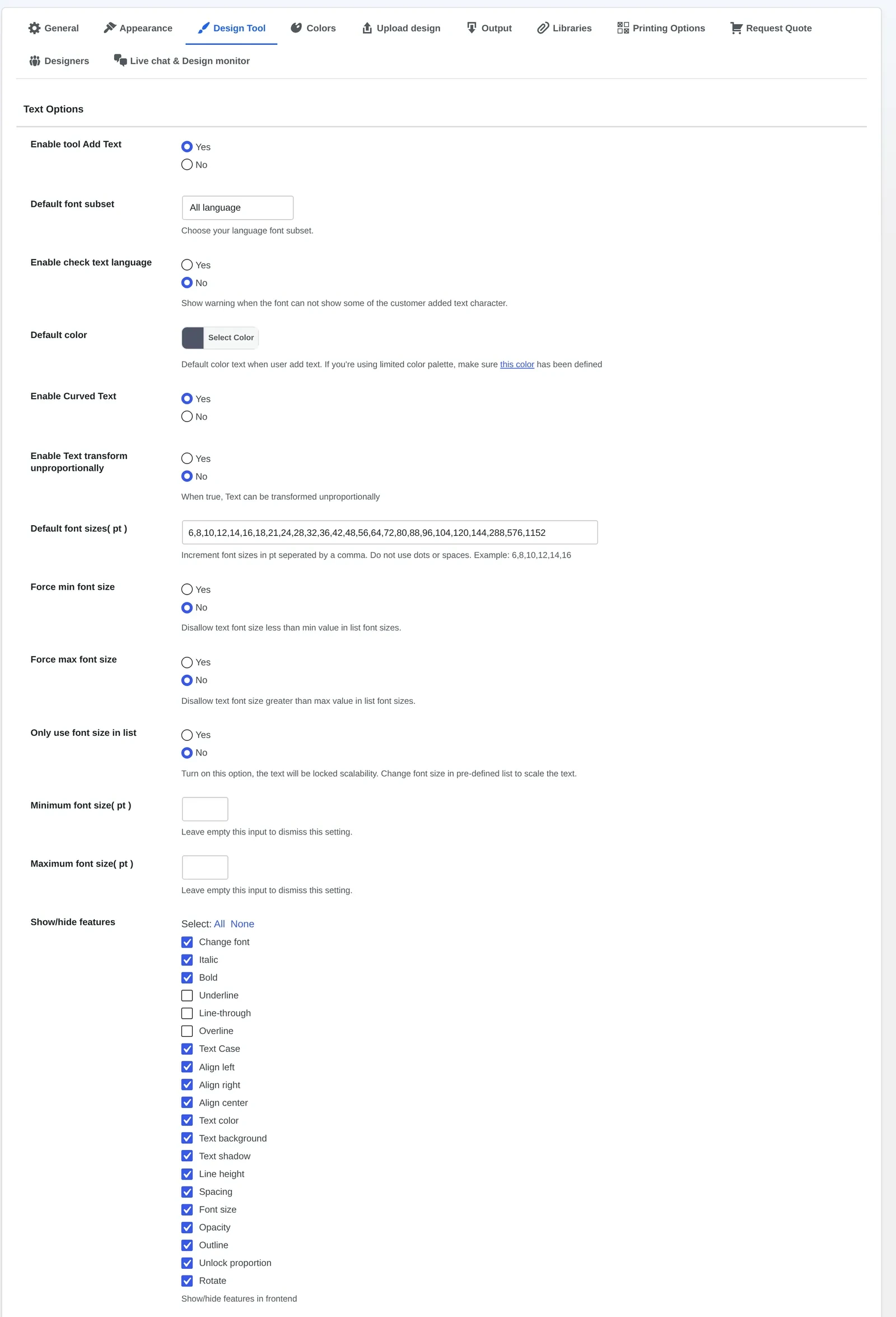 Cmsmart Product Designer online design tool settings WooCommerce admins use for Text Options, WP Admin 2.17.0