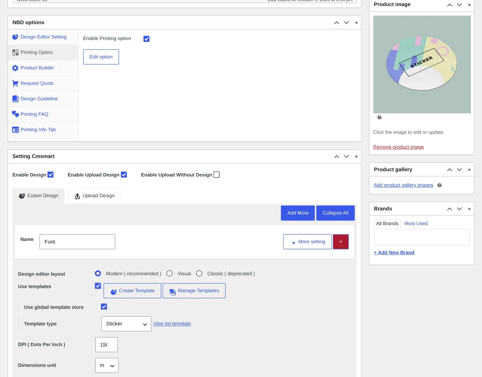 NBD options and Setting Cmsmart metaboxes on the classic WooCommerce product editor showing template and printing option links