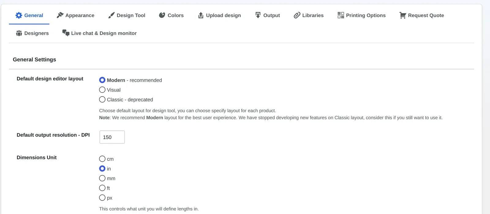 Cmsmart settings general tab showing default design editor layout and default output resolution DPI