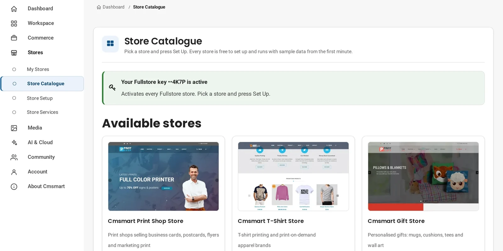 The store catalogue in the Cmsmart dashboard before you install a Cmsmart store on WordPress