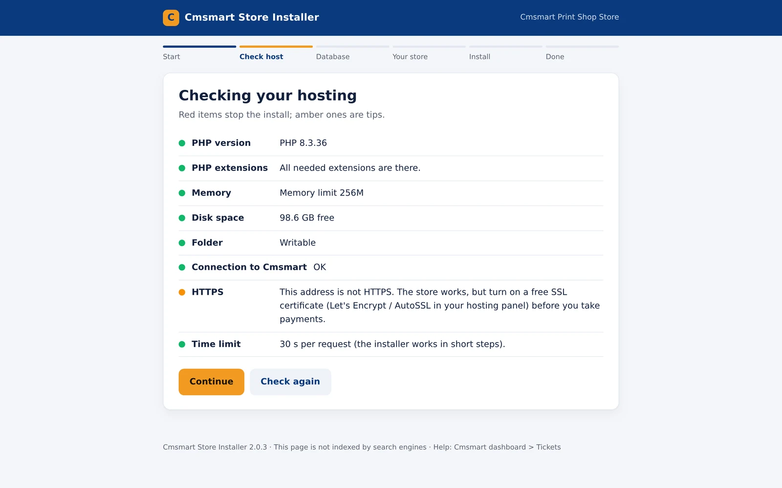 Cmsmart Store Installer 2.0.3 host check showing PHP 8.3.36, memory and disk space before install