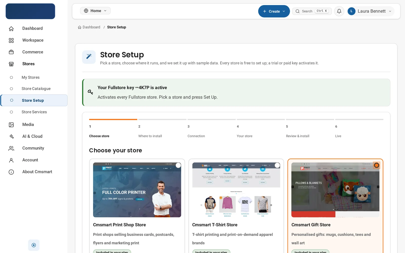 Store Setup step 1, Choose your store, with Cmsmart Gift Store selected