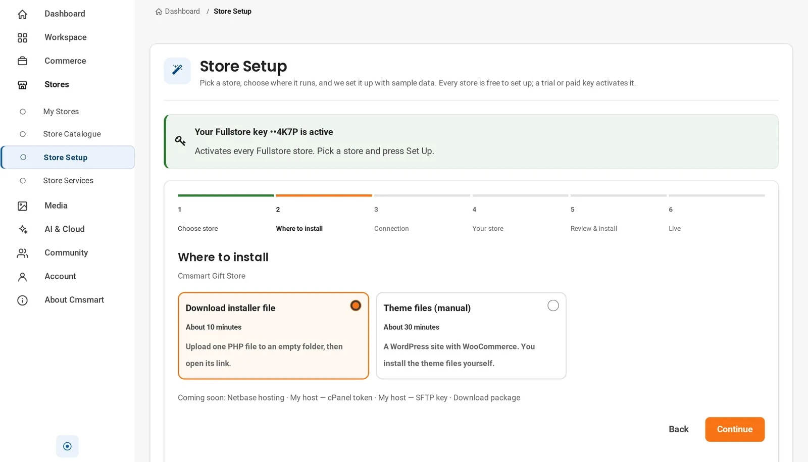 Store Setup step 2, Where to install, Download installer file versus Theme files manual