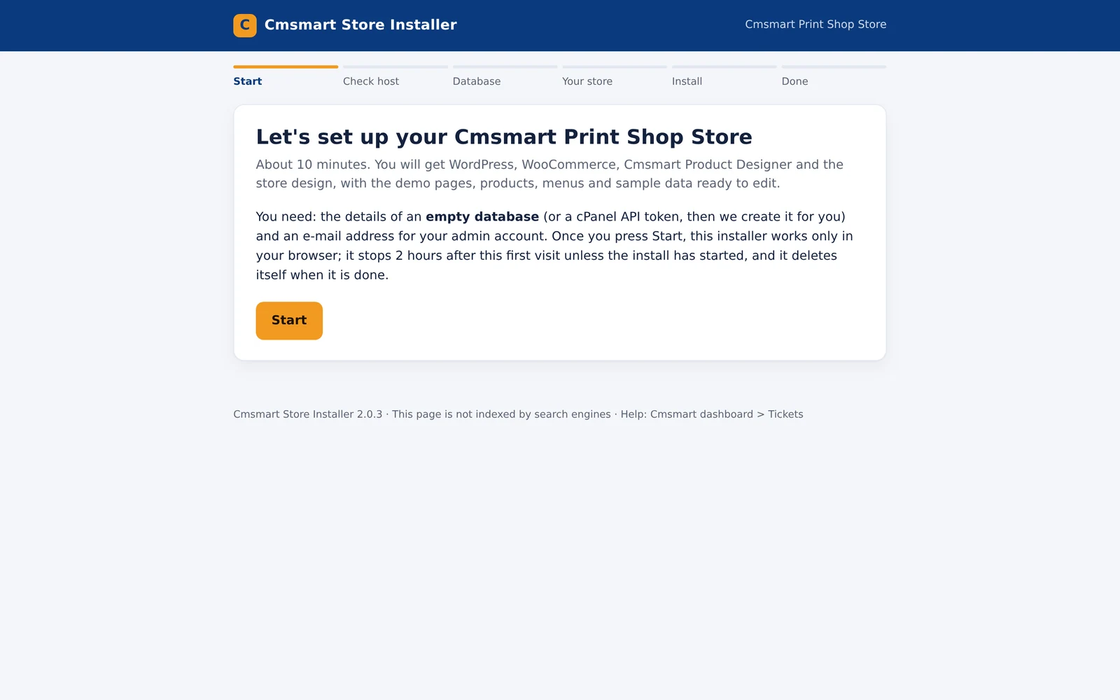 Cmsmart Store Installer 2.0.3 start screen, Let's set up your Cmsmart Print Shop Store