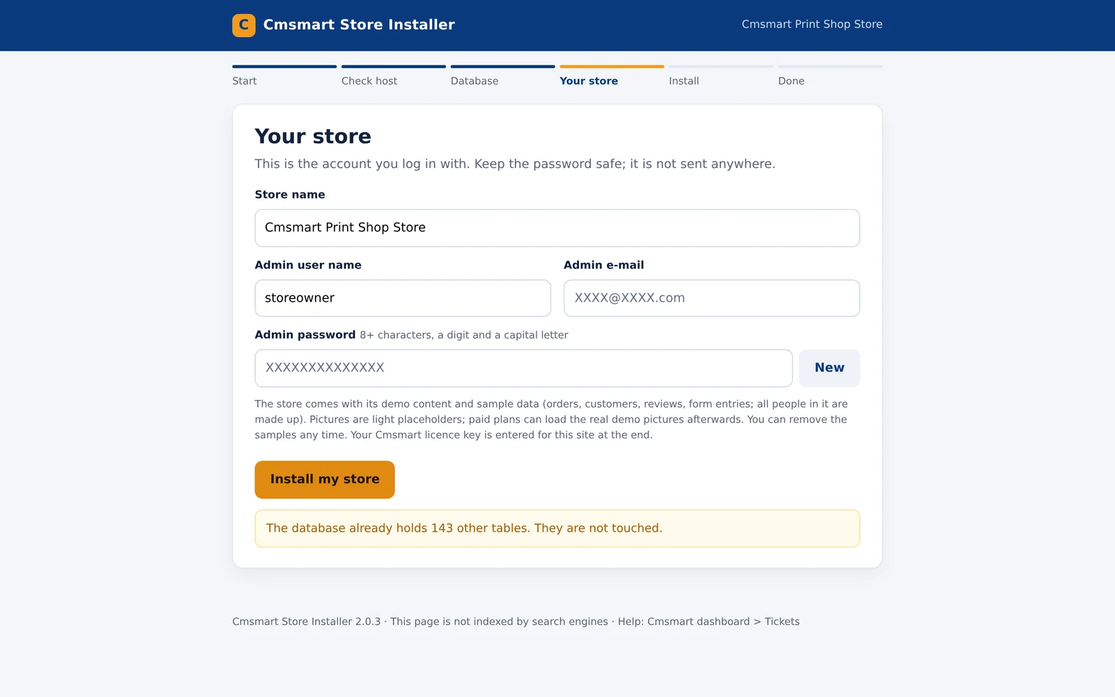 Installer Your store step with admin user name and generated password fields