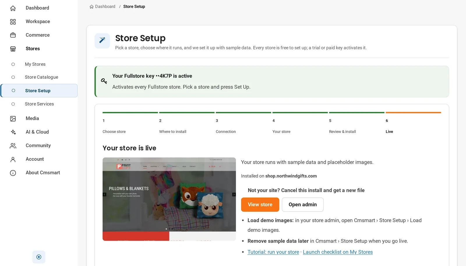 Cmsmart dashboard Your store is live screen with View store and Open admin buttons