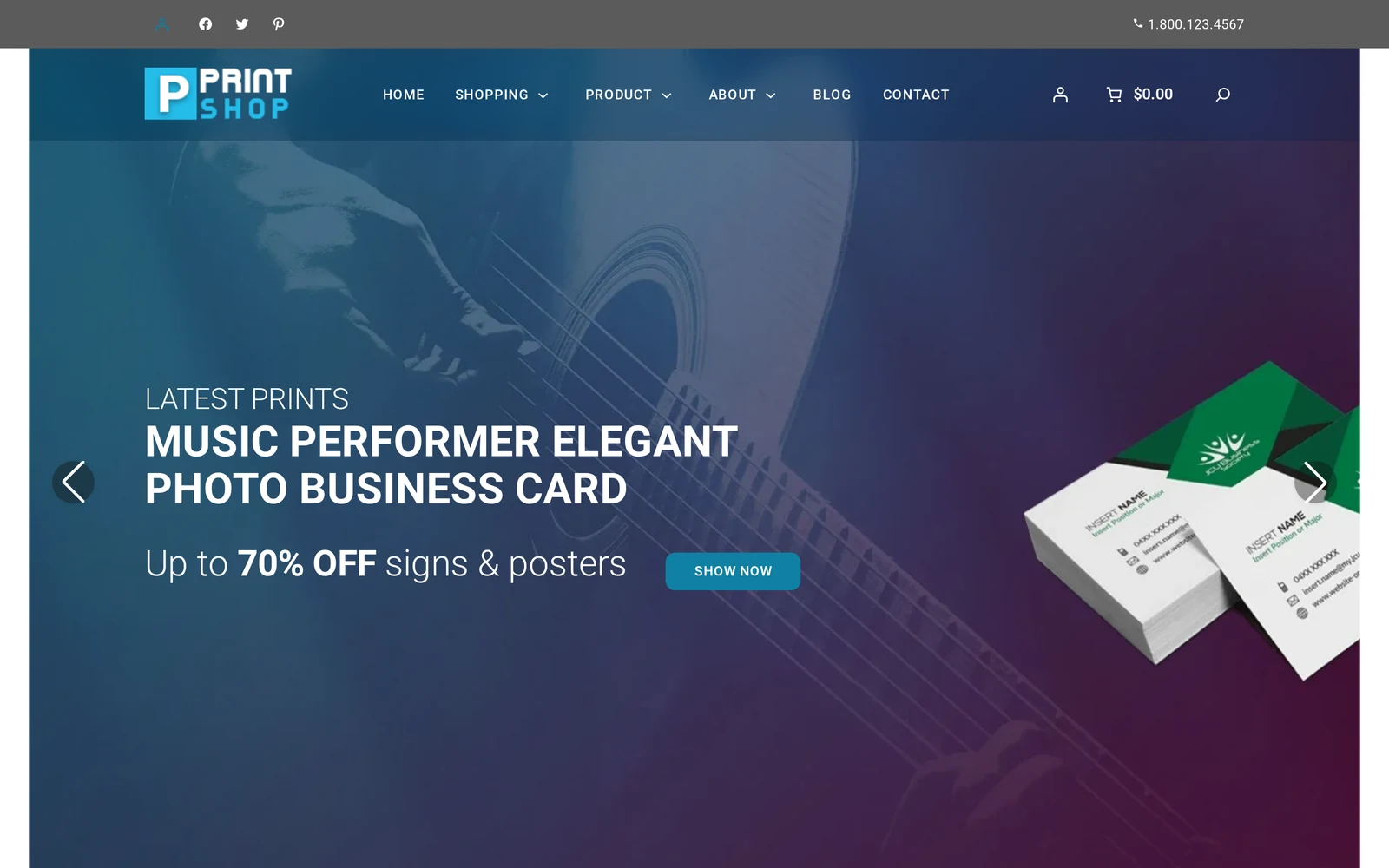 Manually installed Cmsmart Print Shop Store storefront home page with sample catalogue, desktop view