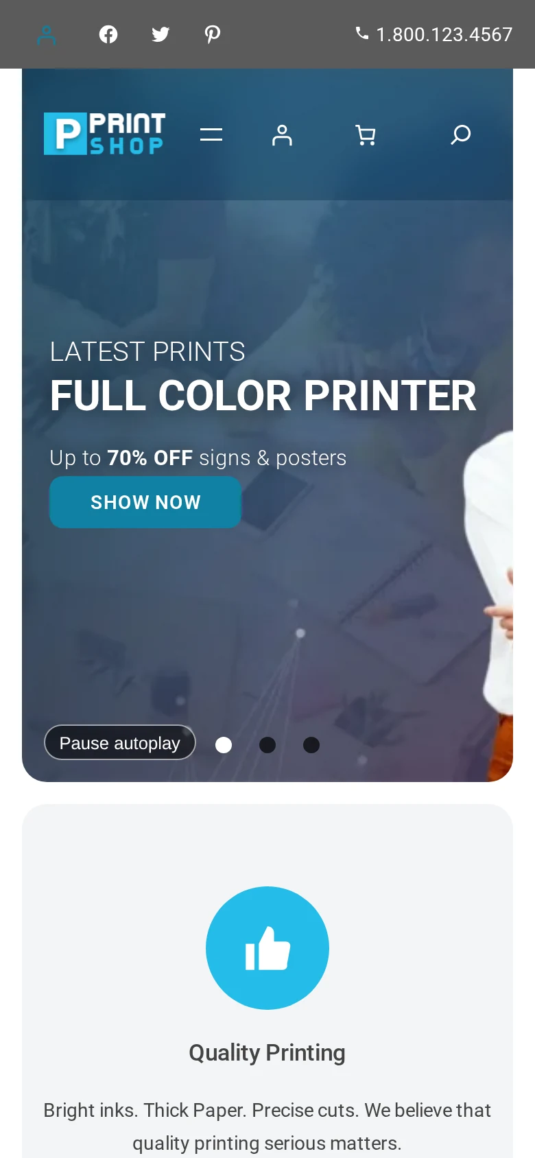 The same Cmsmart Print Shop Store storefront home page on a mobile phone screen