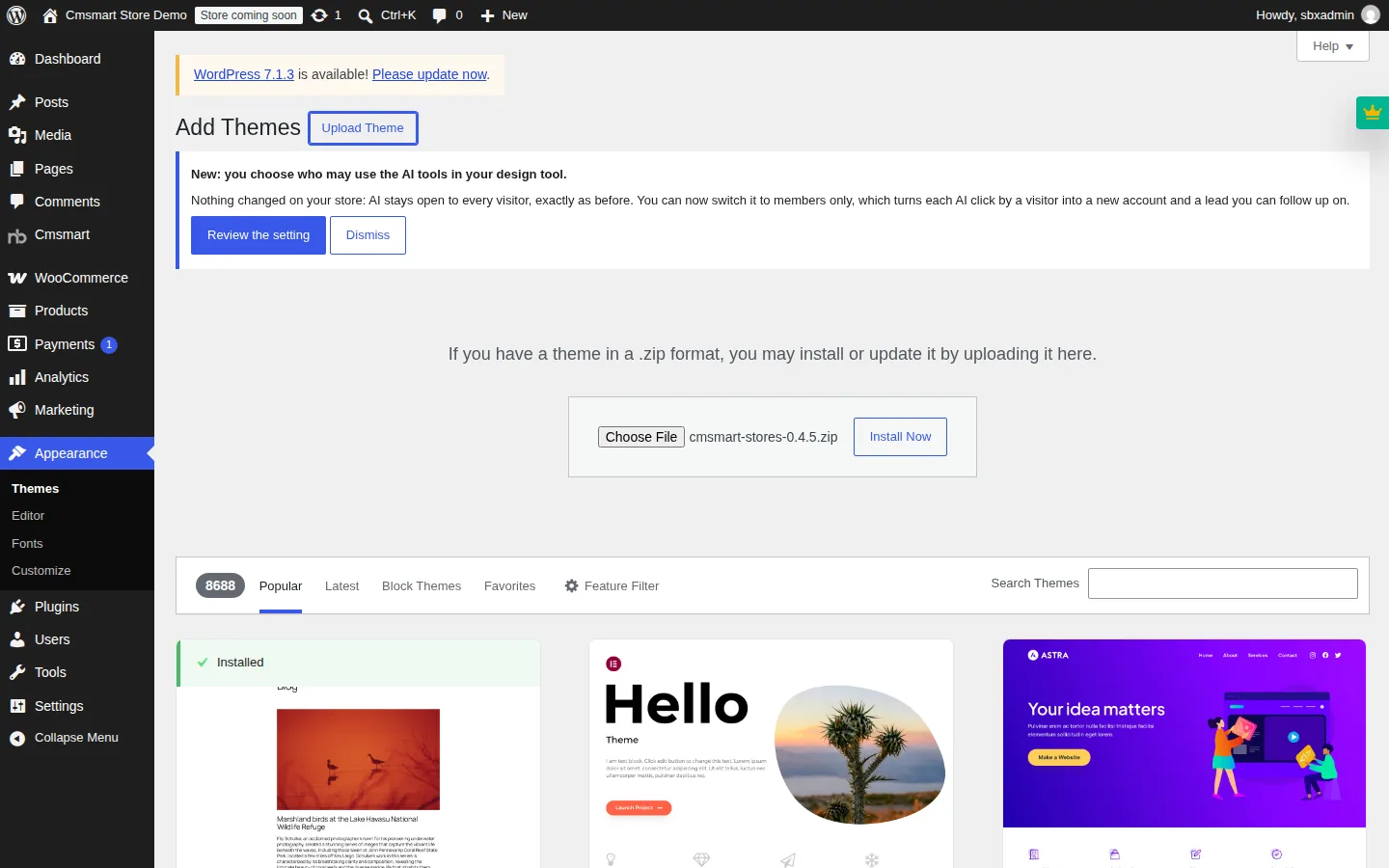 Upload Theme screen with cmsmart-stores-0.4.5.zip selected, Install Now button active