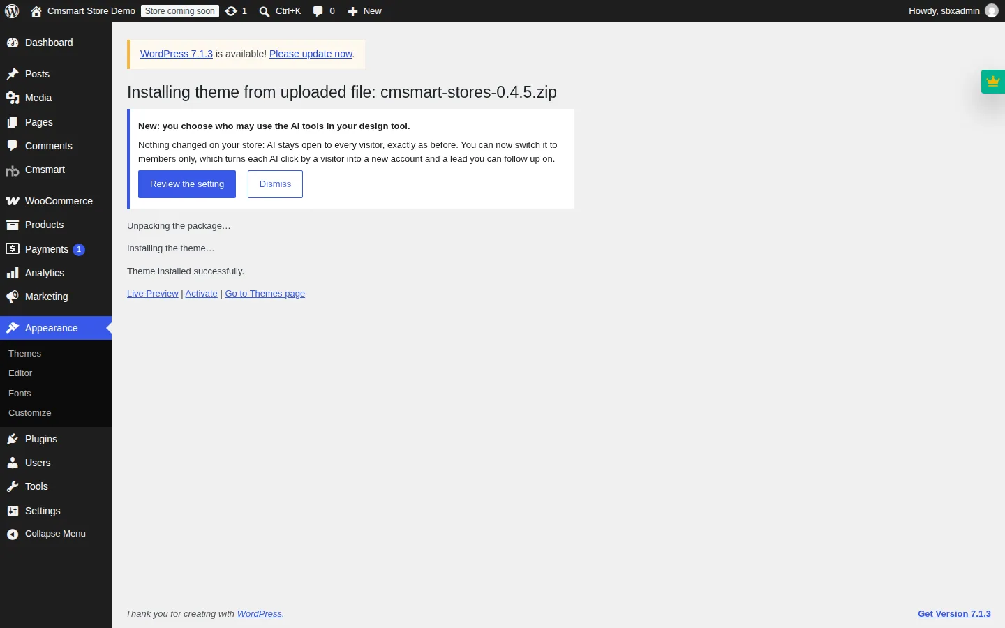 WordPress confirms the Cmsmart Stores parent theme installed successfully