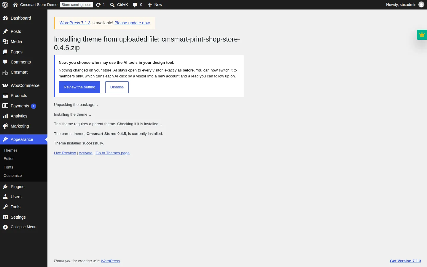 WordPress confirms the parent theme is already installed before installing the Print Shop child theme