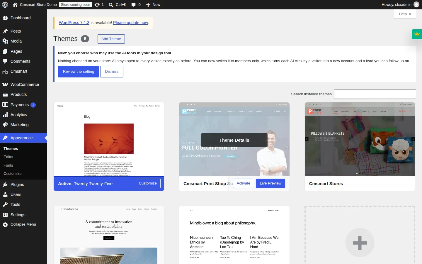 WordPress Themes screen showing the installed Cmsmart Print Shop Store child theme next to the Cmsmart Stores parent