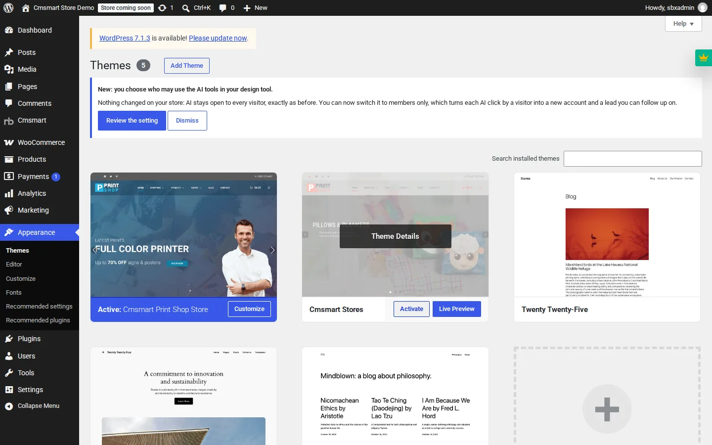 WordPress Themes screen with Cmsmart Print Shop Store shown as the active theme
