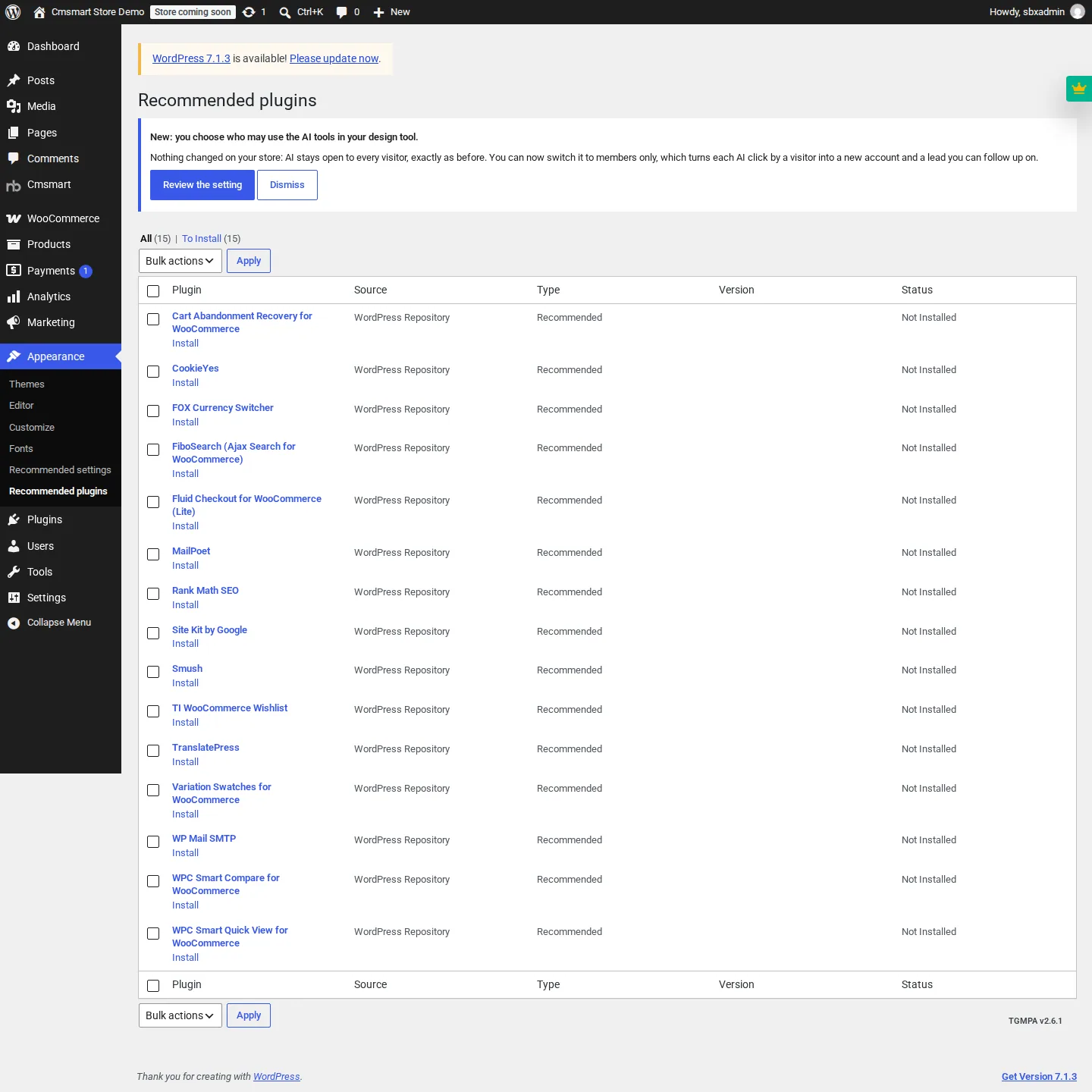 Cmsmart Store recommended plugins installer listing 15 free WooCommerce add-ons to install, WooCommerce itself installed separately
