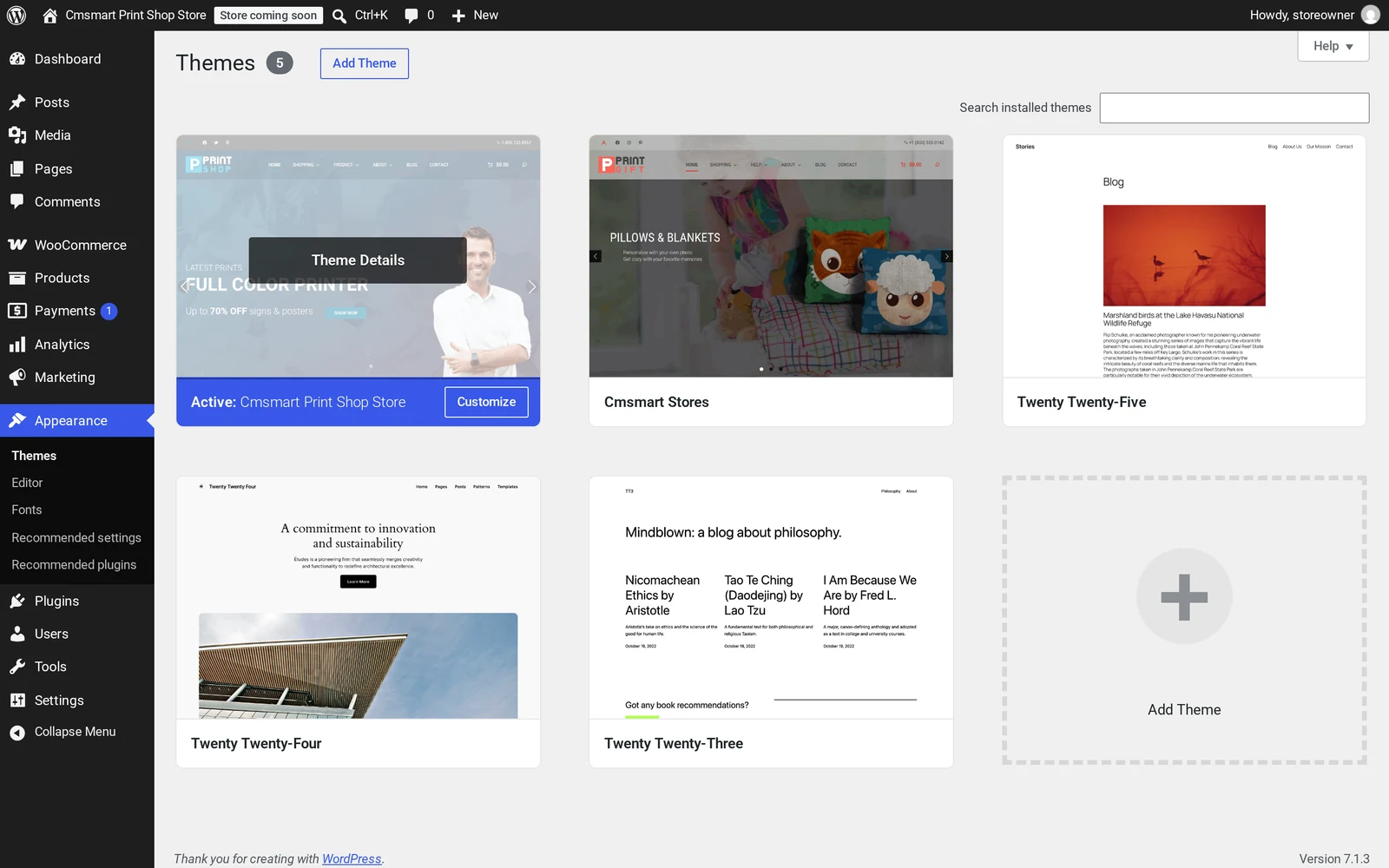 WordPress Appearance Themes screen where you customize WooCommerce block theme settings: a Cmsmart Print Shop Store child theme active next to its parent Cmsmart Stores theme