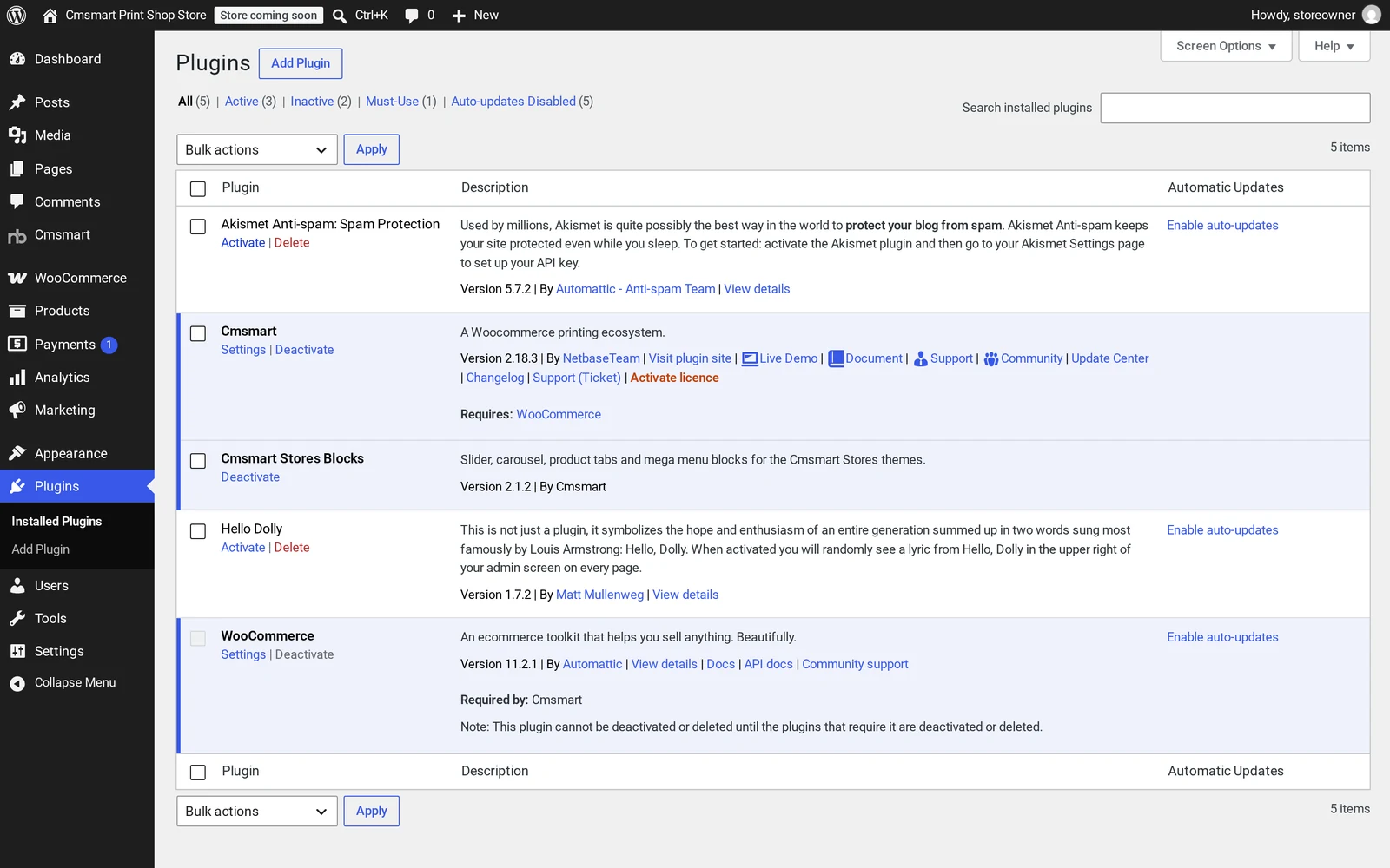 WordPress Plugins screen with Cmsmart Stores Blocks 2.1.2 and Cmsmart Product Designer 2.18.3 active next to WooCommerce