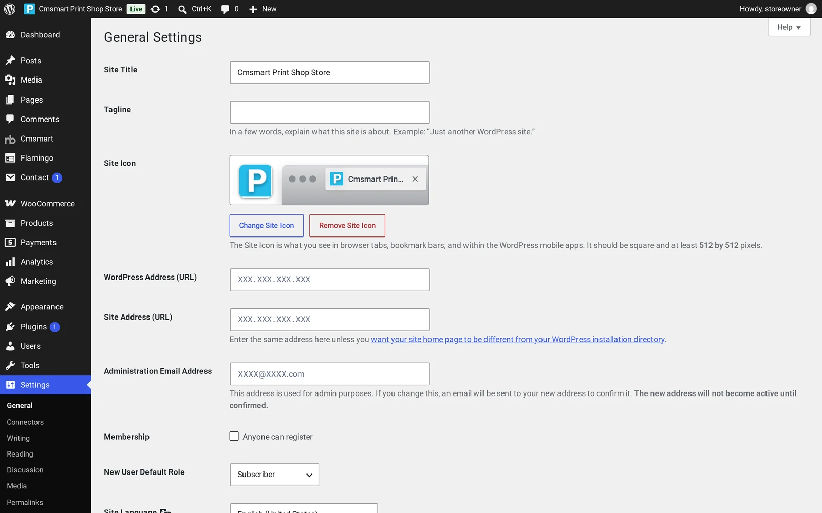 WordPress Settings General screen for a Cmsmart Store, showing Site Title, Tagline and Site Icon fields